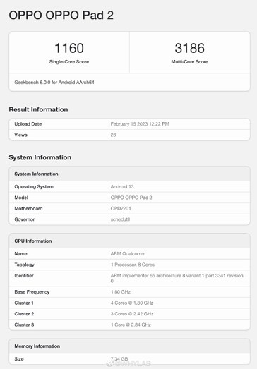 OPPO's tweede-gen Android tablet lijkt Geekbench te bezoeken in aanloop naar de lancering. (Bron: Geekbench via WHYLAB)