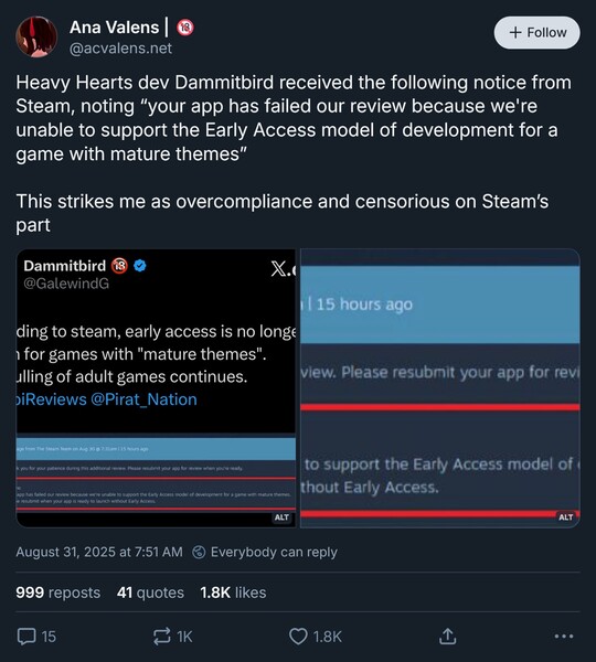 Ana Valens Bluesky post op Steam adult games early access (Afbeelding bron: screenshot, Ana Valens Bluesky account)