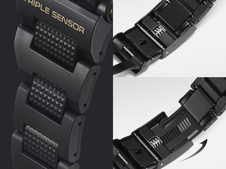 De band van Frogman GWF-D1000BC-1JF, vervaardigd uit een combinatie van metaal en hars, en het verstelbare verlengmechanisme.