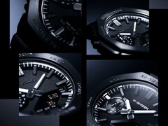 Een collage van close-upfoto’s waarop de textuur van de wijzerplaat, de uurmarkeringen en de bezel van de Casio G-Shock GM-2100LXB goed tot hun recht komen.