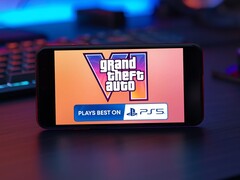 Marketingmateriaal voor GTA 6 voor de PS5 getoond op een smartphone