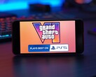 Marketingmateriaal voor GTA 6 voor de PS5 getoond op een smartphone
