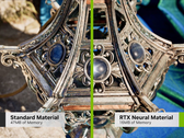 Vergelijking van Standard en Neural Materials laat zien dat Nvidia de VRAM-behoeften voor games aanzienlijk kan verlagen. (Afbeeldingsbron: Nvidia, bewerkt)