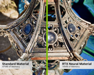 Vergelijking van Standard en Neural Materials laat zien dat Nvidia de VRAM-behoeften voor games aanzienlijk kan verlagen. (Afbeeldingsbron: Nvidia, bewerkt)