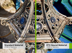Vergelijking van Standard en Neural Materials laat zien dat Nvidia de VRAM-behoeften voor games aanzienlijk kan verlagen. (Afbeeldingsbron: Nvidia, bewerkt)