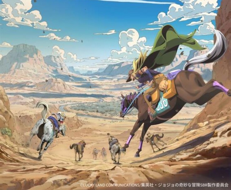 Officieel hoofdbeeld van Netflix' Steel Ball Run anime waarin Gyro Zeppeli en Johnny Joestar door de Amerikaanse woestijn racen. (Beeldbron: Lucky Land Communications / Shueisha / Warner Bros. Japan / Netflix Anime