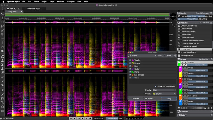 Steinberg SpectraLayers 12 kan muziek scheiden in afzonderlijke componenten voor bewerking in spectrograafmodus. (Afbeeldingsbron: Steinberg)