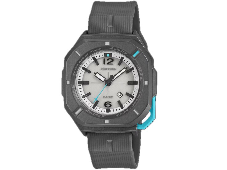 Casio Pro Trek PRJ-01AE-8 analoog horloge met een grijze kast, witte wijzerplaat, turquoise accenten en een zwarte band