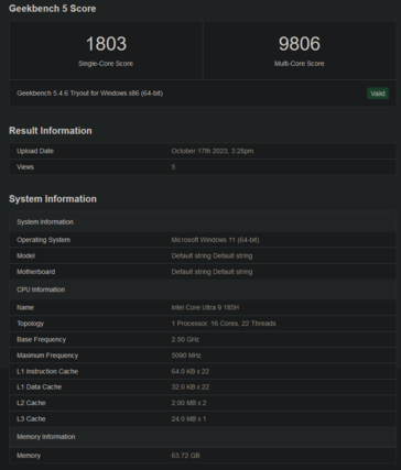 Core Ultra 9 185H Geekbench notering (afbeelding via Geekbench)