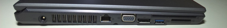 Linkerkant: stroomvoorziening, LAN, VGA, DisplayPort, 1x USB 3.0, SD kaartlezer, smartcard (via SD)