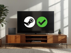 Steam Machine getoond in woonkamer met geverifieerd logo op scherm (Afbeelding bron: Valve met bewerkingen)