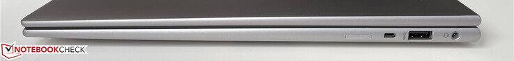 Rechts: Nano SIM-slot (optioneel op WWAN-modellen), Kensington Nano Security Slot, USB-A 3.2 gen 1 (5 Gb/s, powered), 3,5 mm stereo