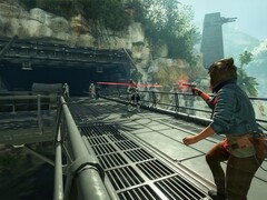 Kay Vess, de hoofdpersoon in Star Wars Outlaws, schiet op Strom Troopers. (Afbeeldingsbron: Nintendo)