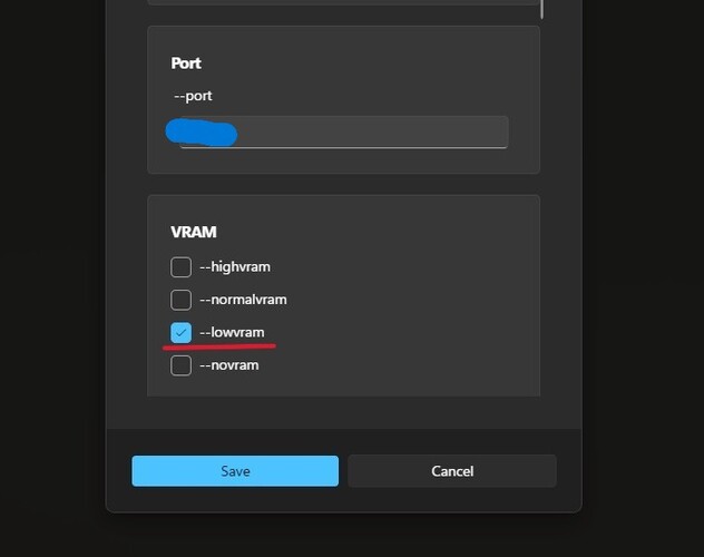 Een screenshot van het instellingenmenu in de ComfyUI-tegel op Stability Matrix met laag vram gemarkeerd. (Afbeelding Bron: Windows Screen Capture)