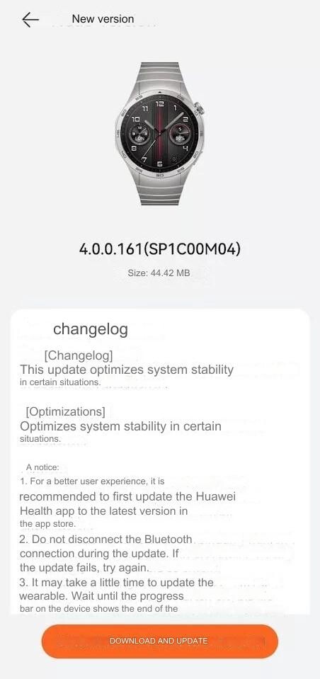 De changelog voor update versie 4.0.0.161 voor de Huawei Watch GT 4. (Afbeelding bron: Huawei.blog/Google Translate)