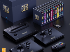 Een render van de Neo Geo Aes+ met zijn gamepad joysticks en een videogameverzameling