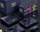 Een render van de Neo Geo Aes+ met zijn gamepad joysticks en een videogameverzameling