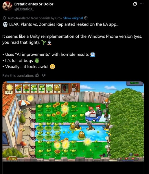 Screenshot van Plants vs. Zombies Replanted uitgelekte versie (Afbeelding bron: screenshot, Erstatic antes Sr Dolor X account)