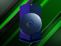 Fysieke gameschijf afgebeeld naast een mock-up van de Project Helix-console