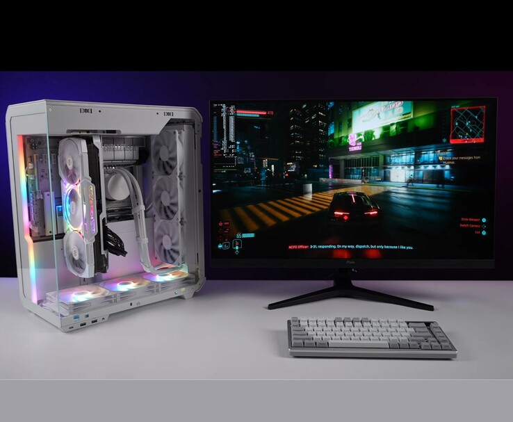 Volledig AMD desktop gaming-pc waarop Cyberpunk 2077 op een 4K-monitor wordt uitgevoerd. (Afbeeldingsbron: ETA Prime via YouTube)