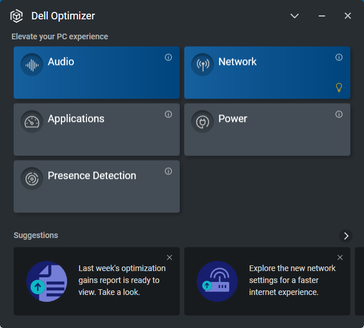 Startscherm van Dell Optimizer. Merk op dat aanwezigheidsdetectie niet beschikbaar is op de Latitude 7330 ondanks het pictogram