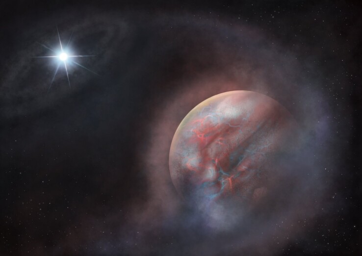 Een artistieke illustratie van de kandidaat-exoplaneet die rond de witte dwerg HS 0209+0832 draait.