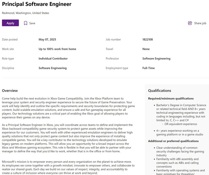 Microsoft-vacature voor Principal Software Engineer (Afbeeldingsbron: screenshot, Microsoft Carrière)