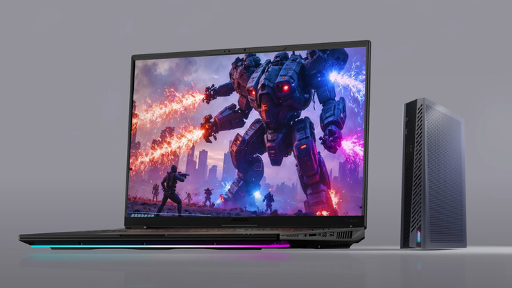 De Aorus RTX 5060 Ti AI Box naast een van de nieuwste 16-inch gaming laptops van Gigabyte. (Afbeeldingsbron: Gigabyte)