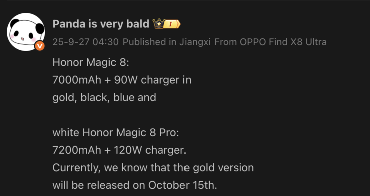Uitgelekte informatie over de Magic 8. (Afb. bron: Weibo - machine vertaald)