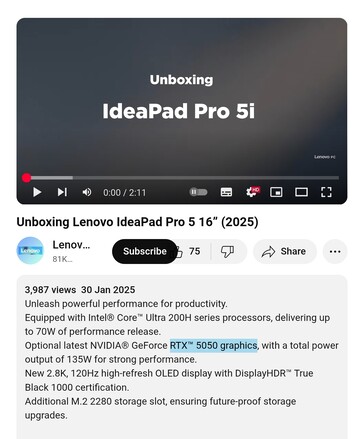 Lenovo's IdeaPad Pro 5 16 wordt gelanceerd met een Nvidia RTX 5050 GPU aan boord. (Afbeeldingsbron: Lenovo PC op YouTube)