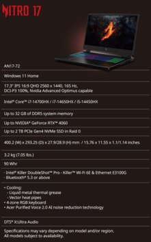 Acer Nitro 17 - Specificaties. (Bron: Acer)