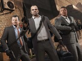 Grand Theft Auto V hoofdpersonages Michael, Trevor en Franklin tijdens een overvalmissie met wapens en tassen. (Afbeeldingsbron: Rockstar Games)