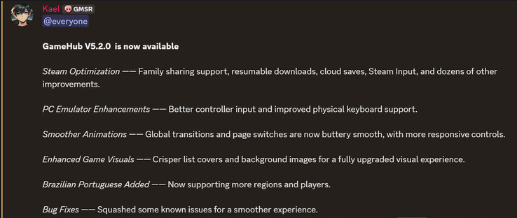 GameHub v5.2 lijst met wijzigingen (Afbeelding bron: GameSir)
