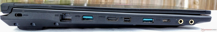 Links: Kensington-lock, LAN, USB 3.0, HDMI 1.4, min DisplayPort 1.2, USB 3.0, USB 3.1 (Gen 1) Type-C, Mic in, HiFi audio-out