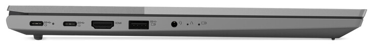 Linkerzijde: 2x USB 3.2 Gen 2 (USB-C; Power Delivery, Displayport), HDMI, USB 3.2 Gen 1 (USB-A), audio-aansluiting