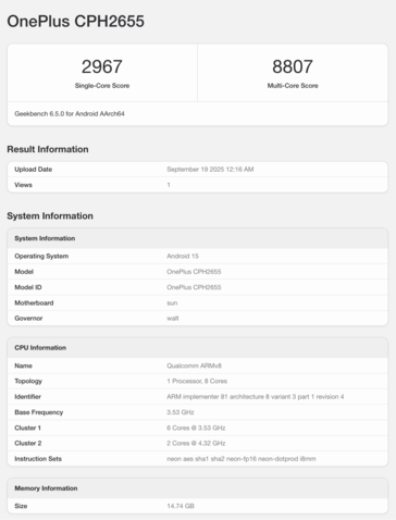 De vermelding van de OnePlus 13 op Geekbench. (Afbeeldingsbron: Geekbench)