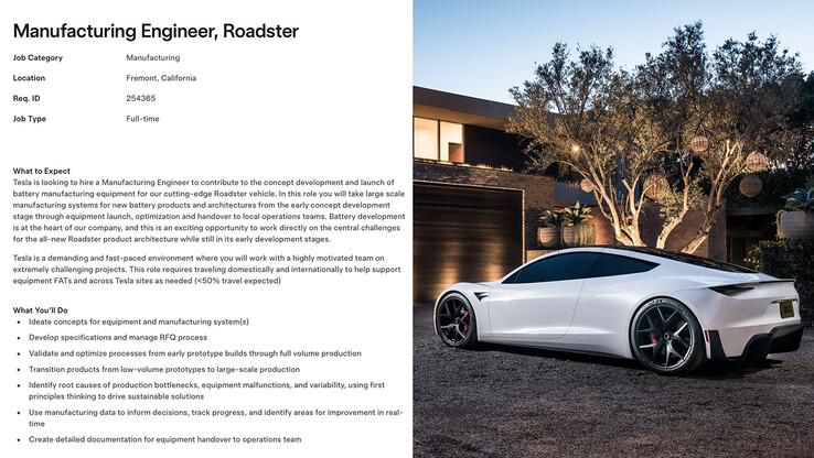 De Tesla Roadster 2 vacature voor de productie van batterijen. (Afbeeldingsbron: Sawyer Merritt/X)