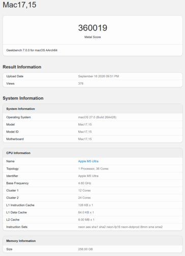 Apple M5 Ultra Geekbench 7 GPU-score