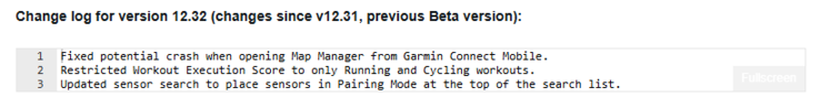 Het wijzigingslogboek van bètaversie 12.32 voor de Garmin Fenix 8 en verwante smartwatches. (Afbeelding bron: Garmin)