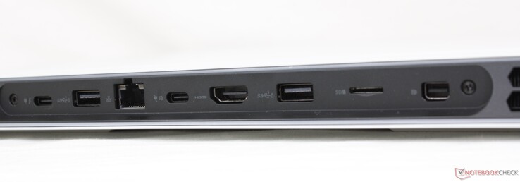 Achterzijde: USB-C w / Thunderbolt 4 + Power Delivery + DisplayPort, USB-A 3.2 Gen. 1, RJ-45 2,5 Gbps, USB-C 3.2 Gen. 2 w / Power Delivery + DisplayPort, HDMI 2.1, MicroSD-lezer, mini DisplayPort 1.4