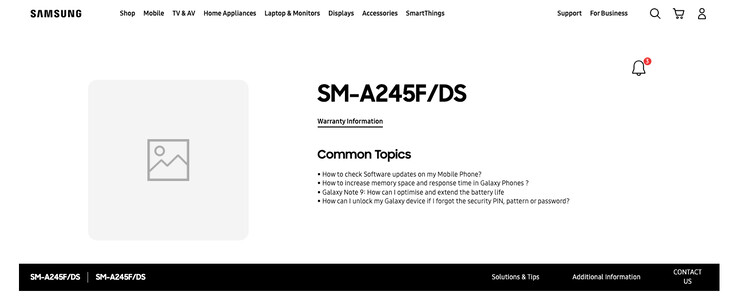 De "Galaxy A24" is gespot als nieuwe Samsung Support database vermelding. (Bron: Samsung IN via SamMobile)