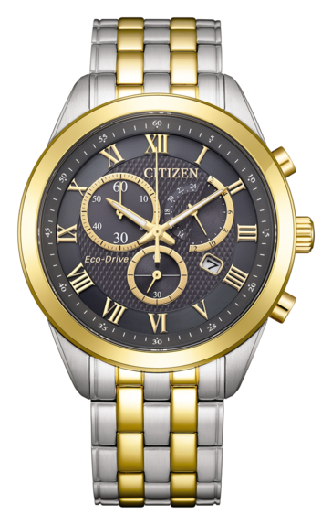 Citizen AT2604-56H Eco-Drive-chronograaf met een antracietgrijze wijzerplaat met structuur, een goudkleurige lunette en wijzers, en een tweekleurige roestvrijstalen armband.