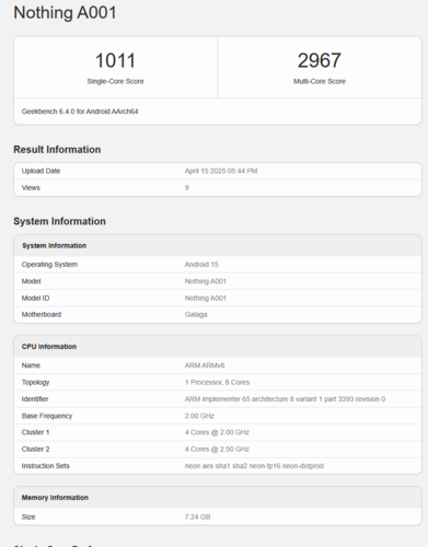 Vermoedelijke CMF Phone 2 Pro Geekbench notering (Afbeeldingsbron: Geekbench)