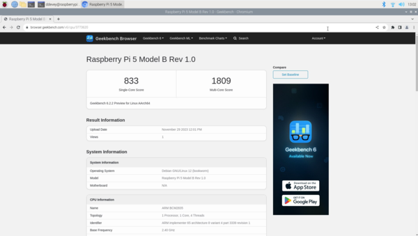 Met een Geekbench 6 single score van 833 is de Raspberry Pi 5 geen onderdeurtje (Bron: Notebookcheck)