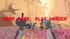 Mycopunk screenshot met robothanden en tekst work hard play harder