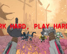 Mycopunk screenshot met robothanden en tekst work hard play harder