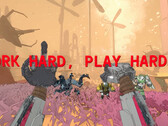 Mycopunk screenshot met robothanden en tekst work hard play harder