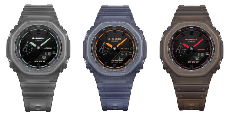 Van links naar rechts: de Casio G-Shock GA2100K-1A, GA2100K-2A en GA2100K-5A horloges.