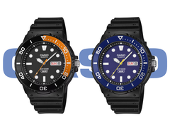 De Casio MRW-230H-1E4V en MRW-230H-2EV tegen het Casio logo.