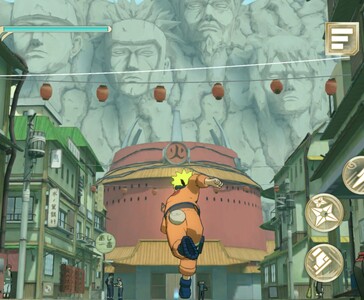 Naruto rent door het Hidden Leaf Village in Naruto: Ultimate Ninja Storm+, met de Hokage Rock zichtbaar op de achtergrond. (Afbeeldingsbron: Bandai Namco Entertainment)